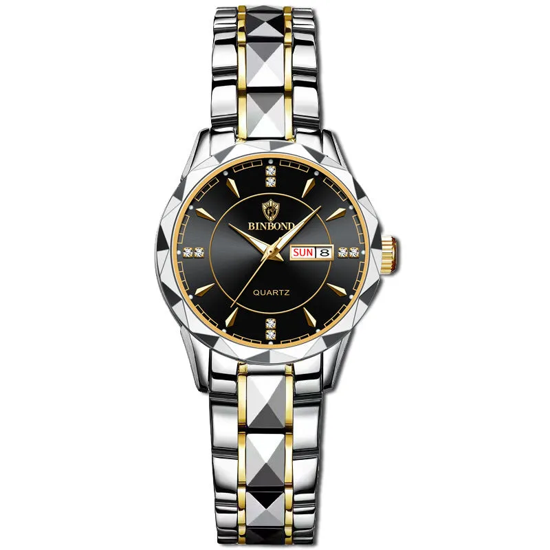 Men's waterproof quartz watch with calendar, 42mm dial, stainless steel strap, and glow-in-the-dark hands