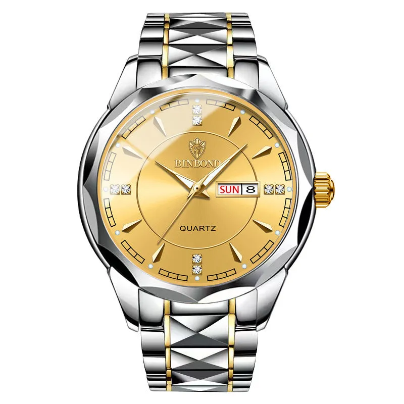 Men's waterproof quartz watch with calendar, 42mm dial, stainless steel strap, and glow-in-the-dark hands