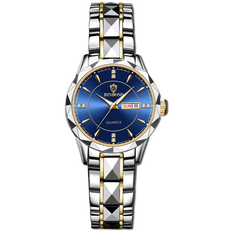 Men's waterproof quartz watch with calendar, 42mm dial, stainless steel strap, and glow-in-the-dark hands