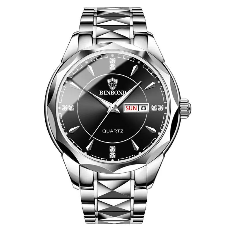 Men's waterproof quartz watch with calendar, 42mm dial, stainless steel strap, and glow-in-the-dark hands