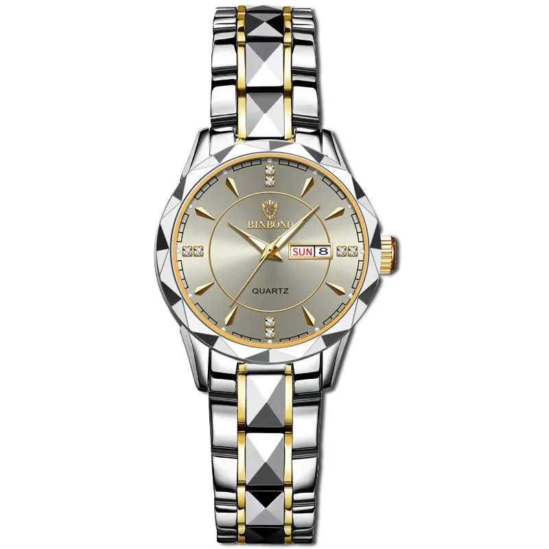 Men's waterproof quartz watch with calendar, 42mm dial, stainless steel strap, and glow-in-the-dark hands