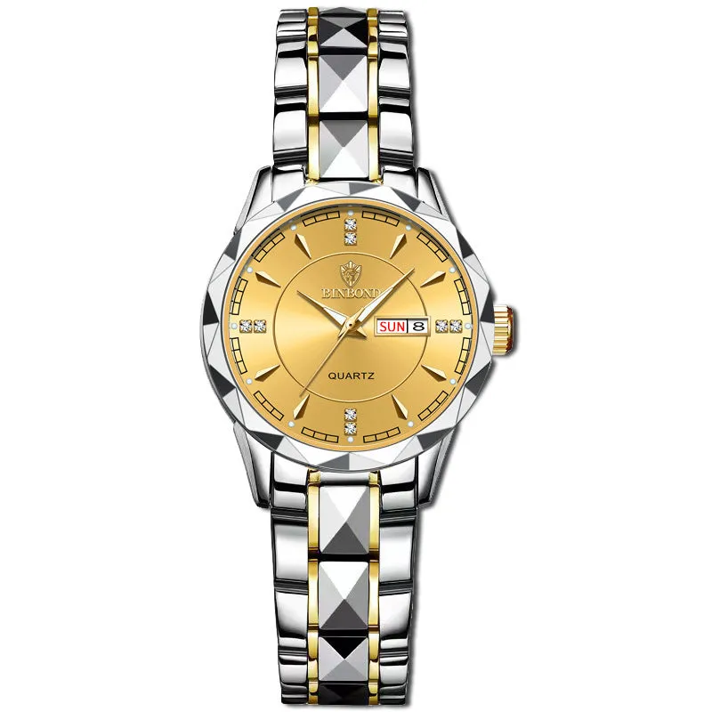 Men's waterproof quartz watch with calendar, 42mm dial, stainless steel strap, and glow-in-the-dark hands