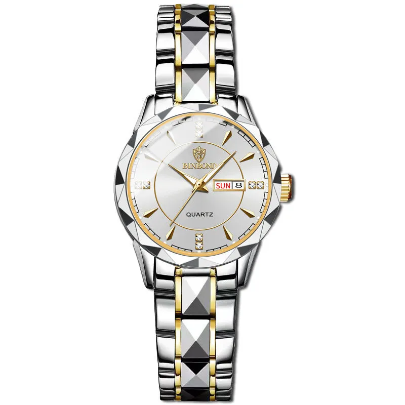 Men's waterproof quartz watch with calendar, 42mm dial, stainless steel strap, and glow-in-the-dark hands