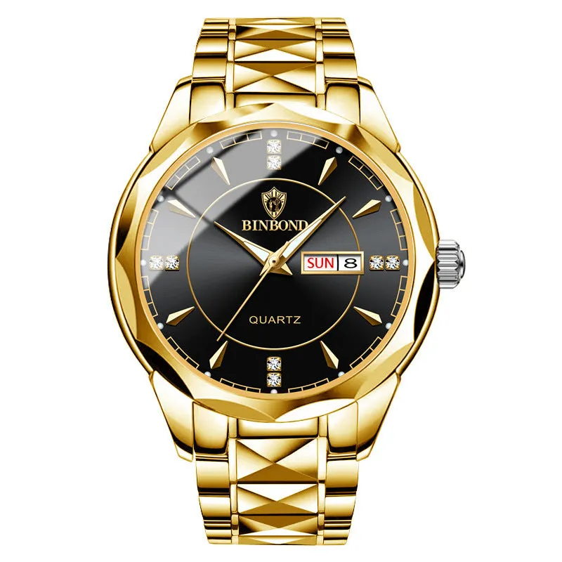 Men's waterproof quartz watch with calendar, 42mm dial, stainless steel strap, and glow-in-the-dark hands
