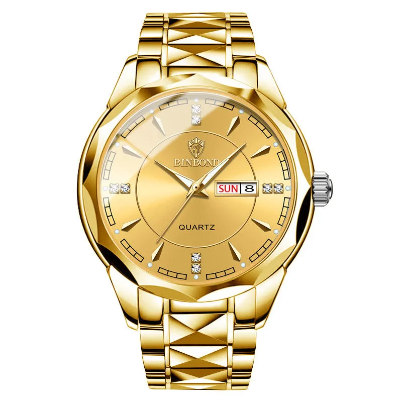 Men's waterproof quartz watch with calendar, 42mm dial, stainless steel strap, and glow-in-the-dark hands