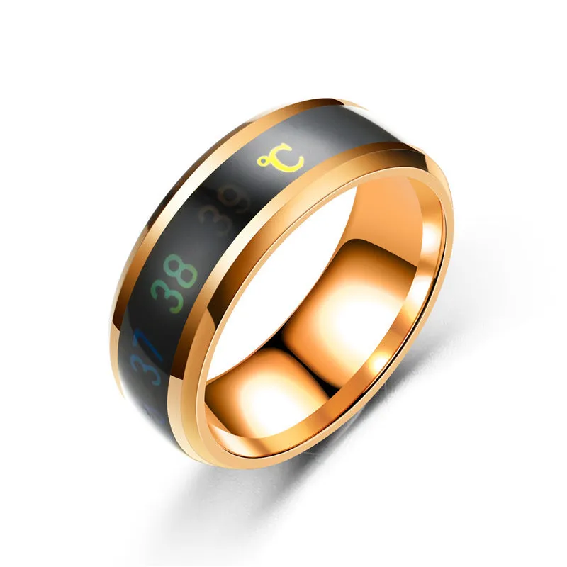 Smart temperature ring with display on stainless steel band 8mm wide in five colours