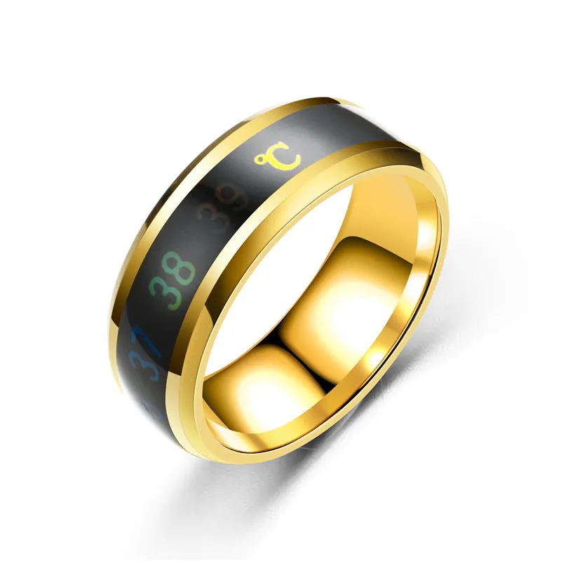 Smart temperature ring with display on stainless steel band 8mm wide in five colours
