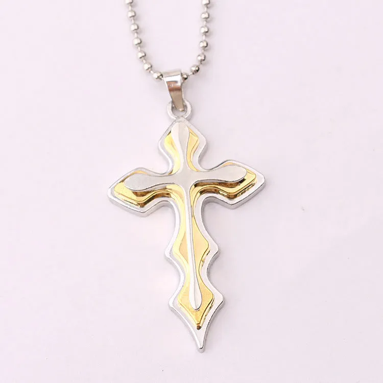 Men's three-tiered blue and black cross pendant necklace on 50cm round bead chain made of stainless steel titanium steel alloy
