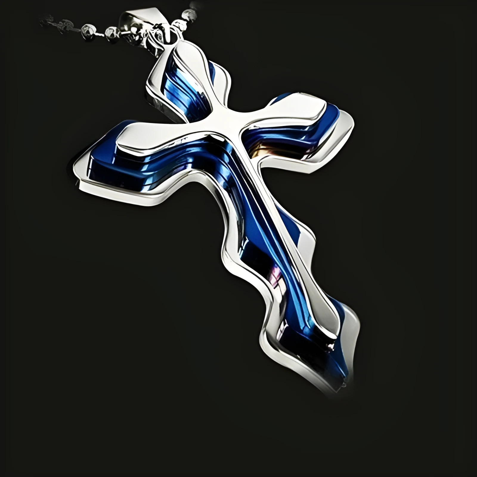 Men's three-tiered blue and black cross pendant necklace on 50cm round bead chain made of stainless steel titanium steel alloy