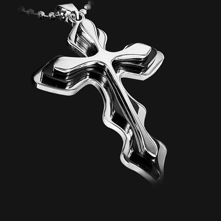 Men's three-tiered blue and black cross pendant necklace on 50cm round bead chain made of stainless steel titanium steel alloy