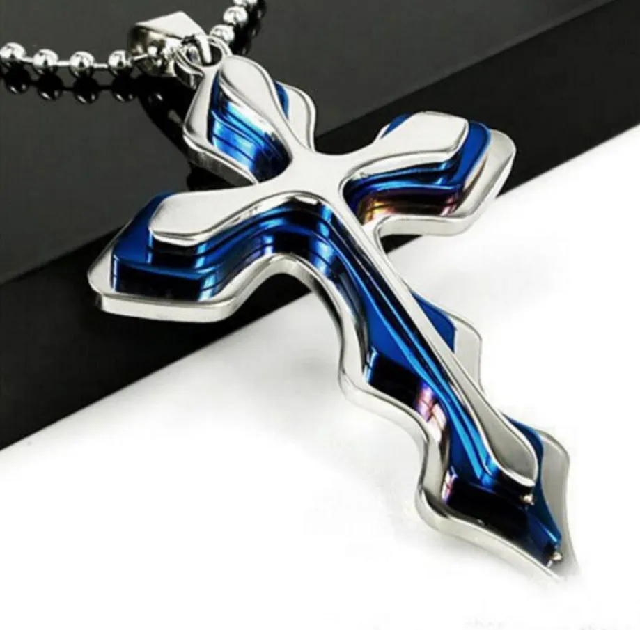 Men's three-tiered blue and black cross pendant necklace on 50cm round bead chain made of stainless steel titanium steel alloy