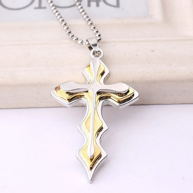 Men's three-tiered blue and black cross pendant necklace on 50cm round bead chain made of stainless steel titanium steel alloy