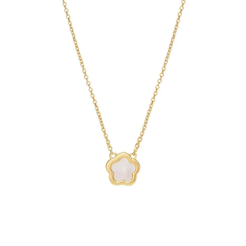 White Mother Pearl shell flower necklace on a gold or silver O-chain for women.