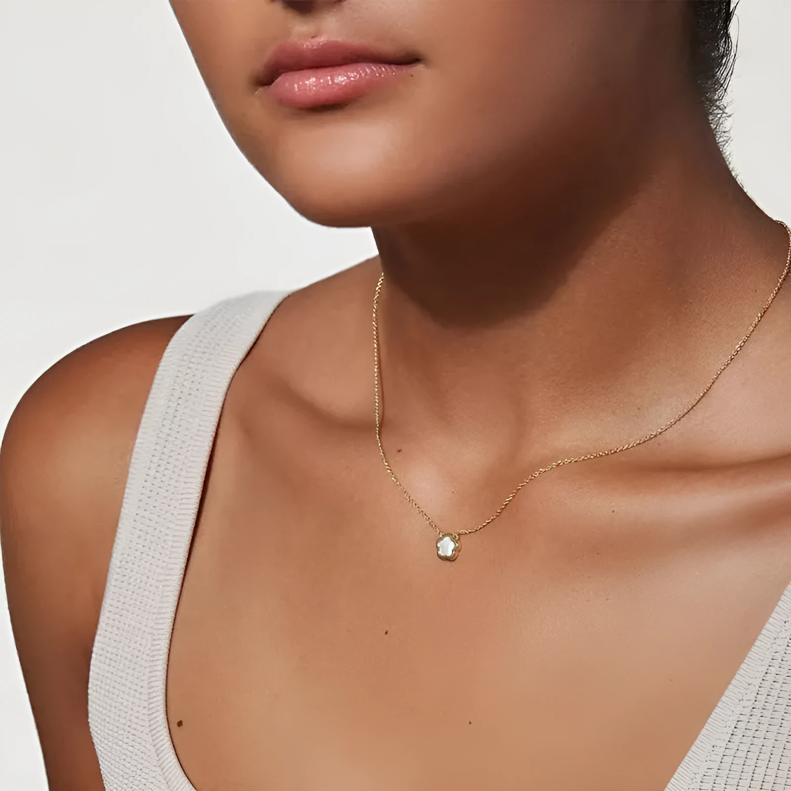 White Mother Pearl shell flower necklace on a gold or silver O-chain for women.