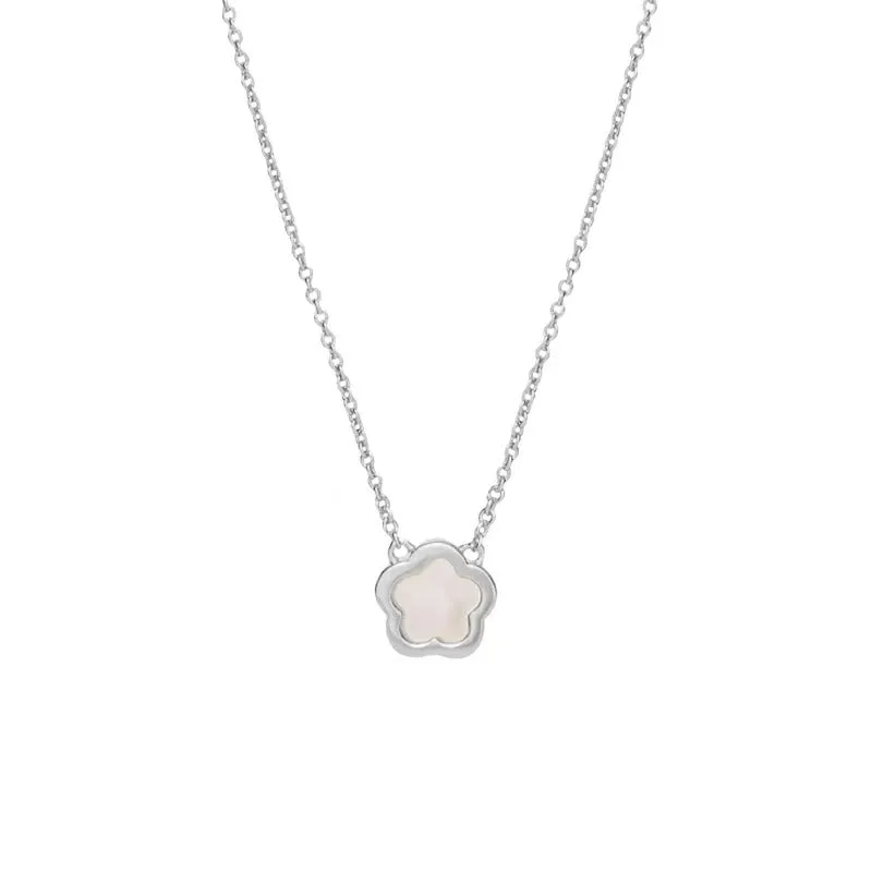 White Mother Pearl shell flower necklace on a gold or silver O-chain for women.