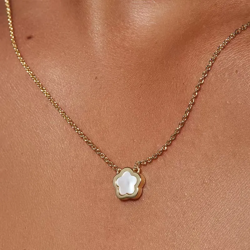 White Mother Pearl shell flower necklace on a gold or silver O-chain for women.