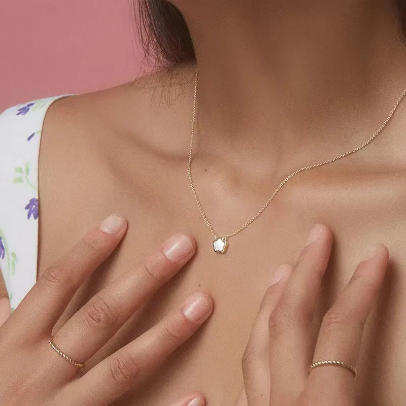 White Mother Pearl shell flower necklace on a gold or silver O-chain for women.