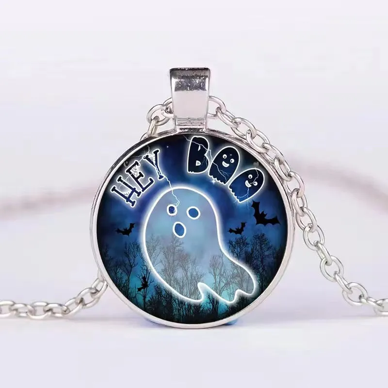 Halloween alloy clavicle necklace with pumpkin, ghost, and bat pendant in colour option N113536