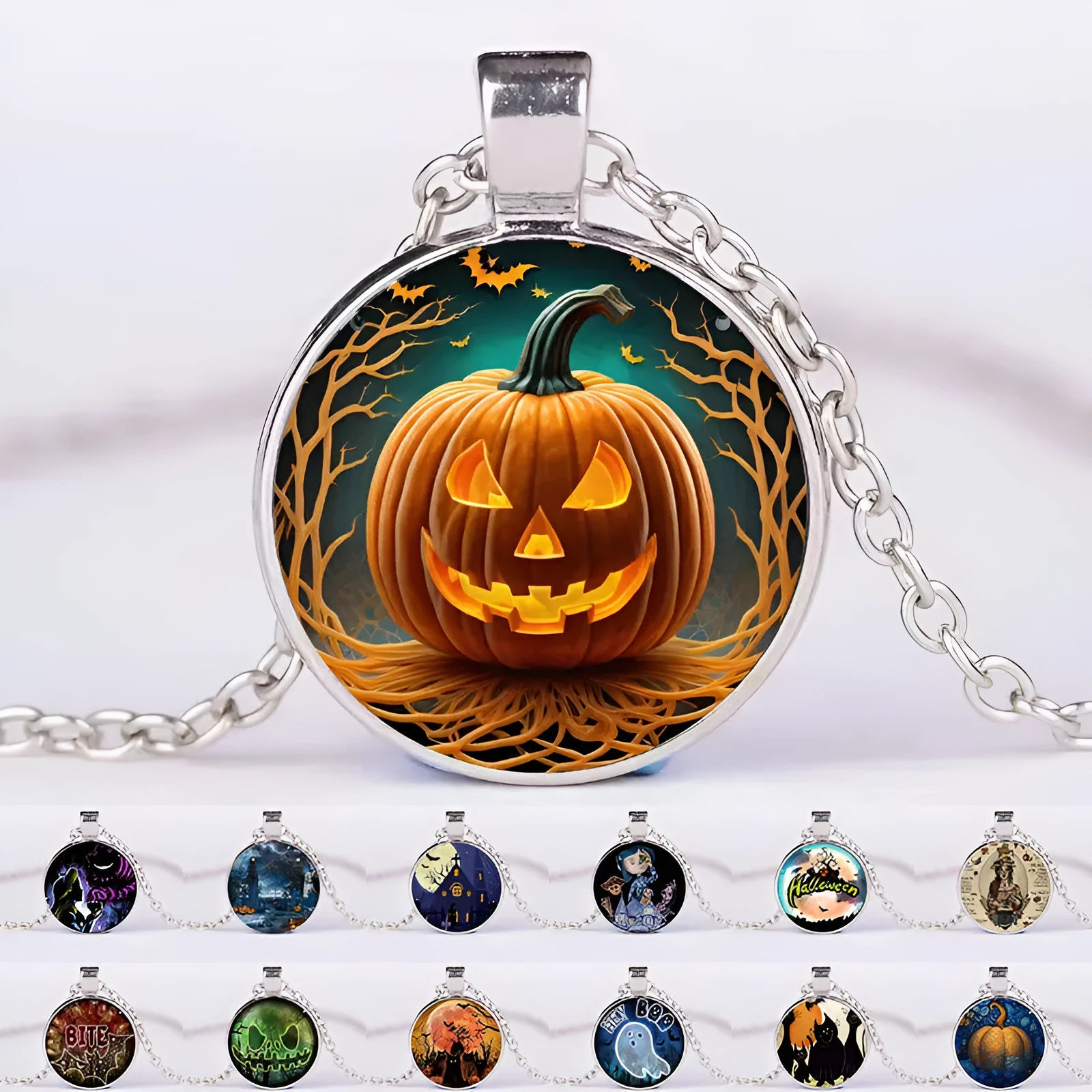 Halloween alloy clavicle necklace with pumpkin, ghost, and bat pendant in colour option N113536