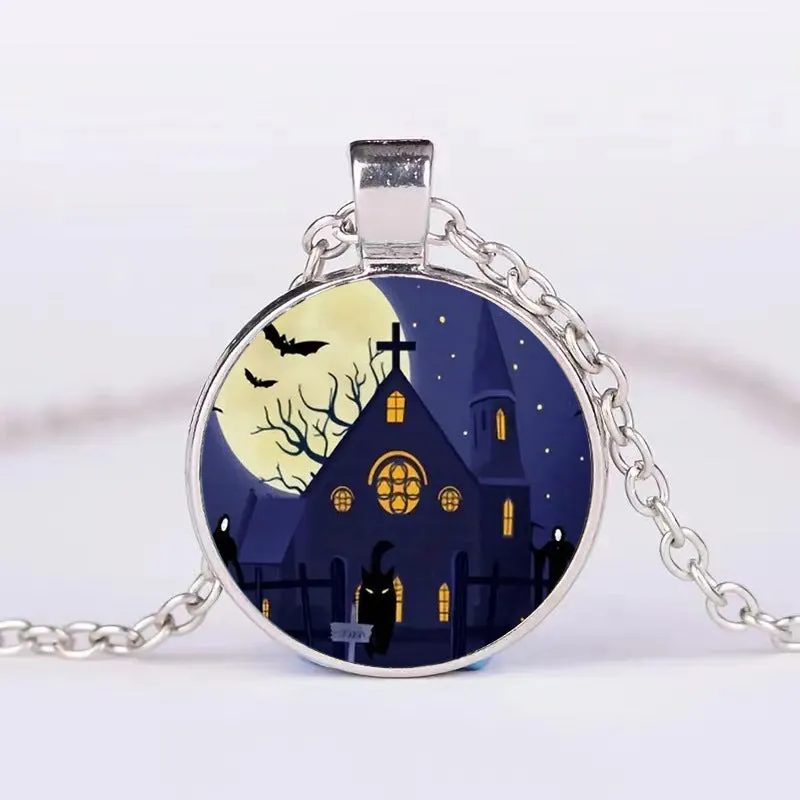 Halloween alloy clavicle necklace with pumpkin, ghost, and bat pendant in colour option N113536