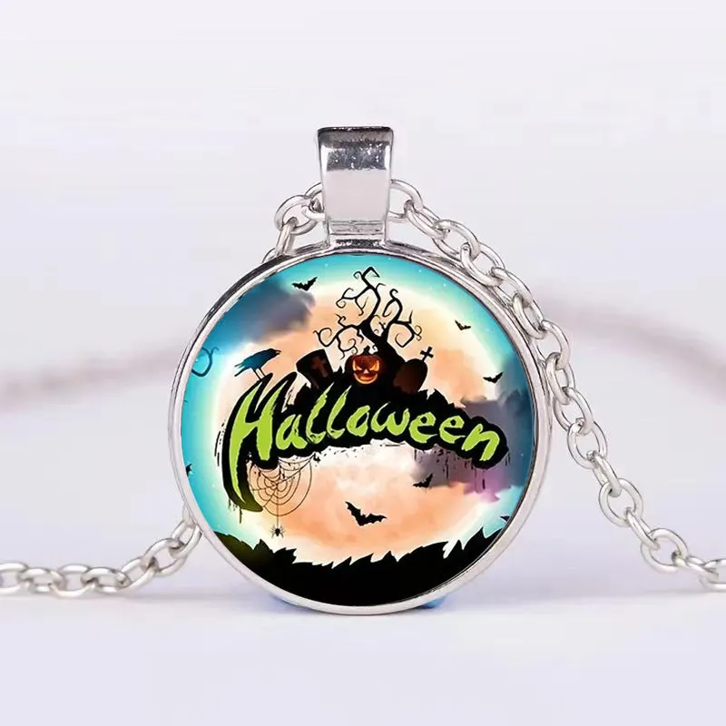 Halloween alloy clavicle necklace with pumpkin, ghost, and bat pendant in colour option N113536
