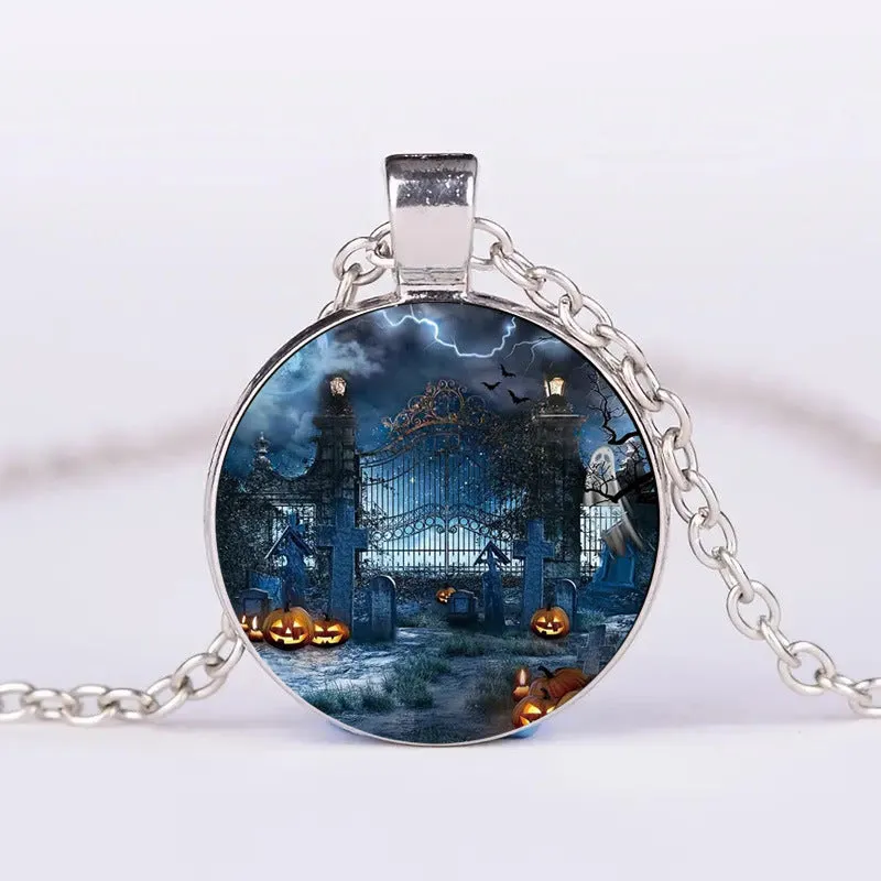 Halloween alloy clavicle necklace with pumpkin, ghost, and bat pendant in colour option N113536