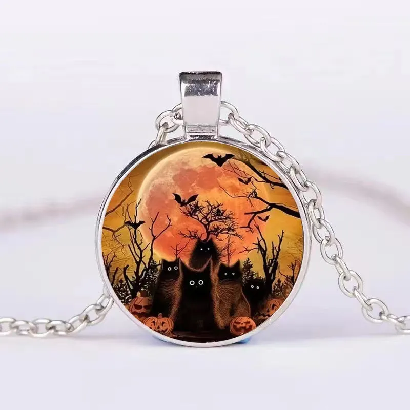 Halloween alloy clavicle necklace with pumpkin, ghost, and bat pendant in colour option N113536