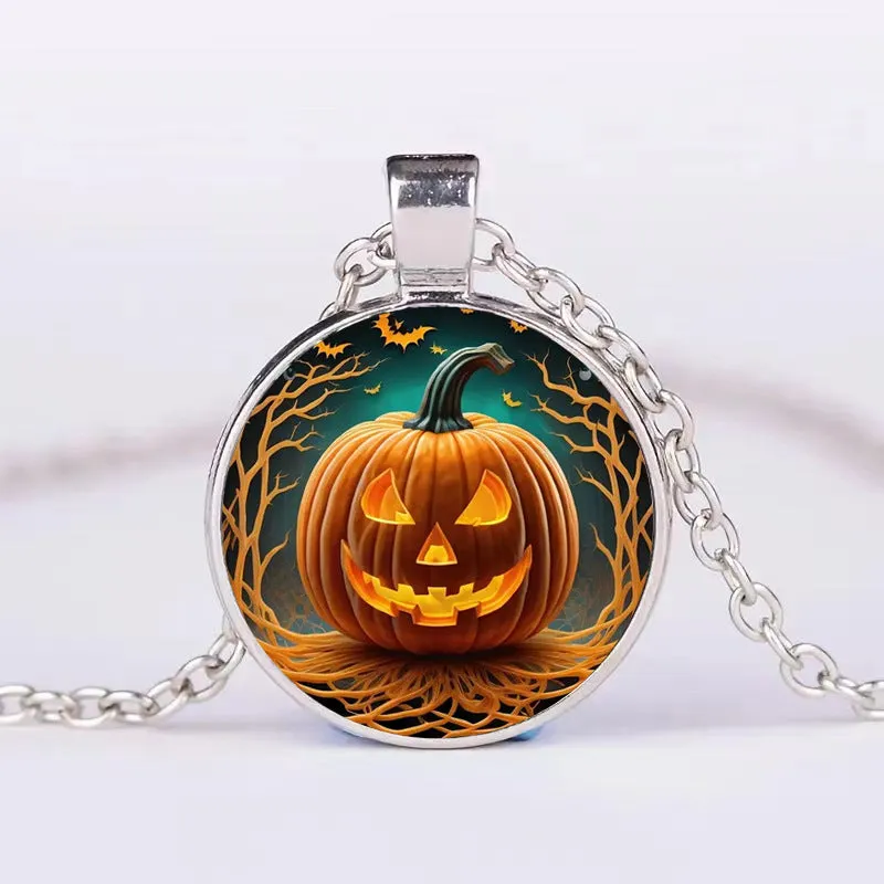 Halloween alloy clavicle necklace with pumpkin, ghost, and bat pendant in colour option N113536