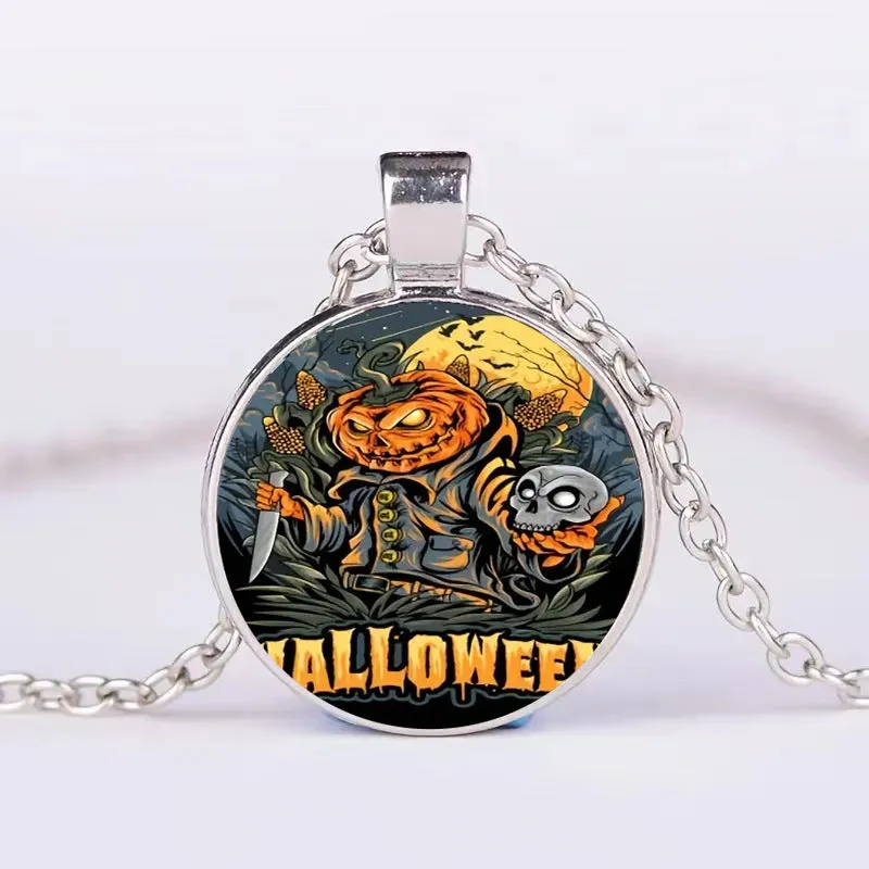 Halloween alloy clavicle necklace with pumpkin, ghost, and bat pendant in colour option N113536
