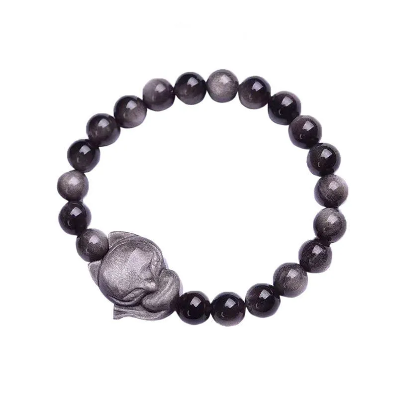 Obsidian Fox single ring bracelet with 8mm black stone bead and silver fox charm on adjustable band.