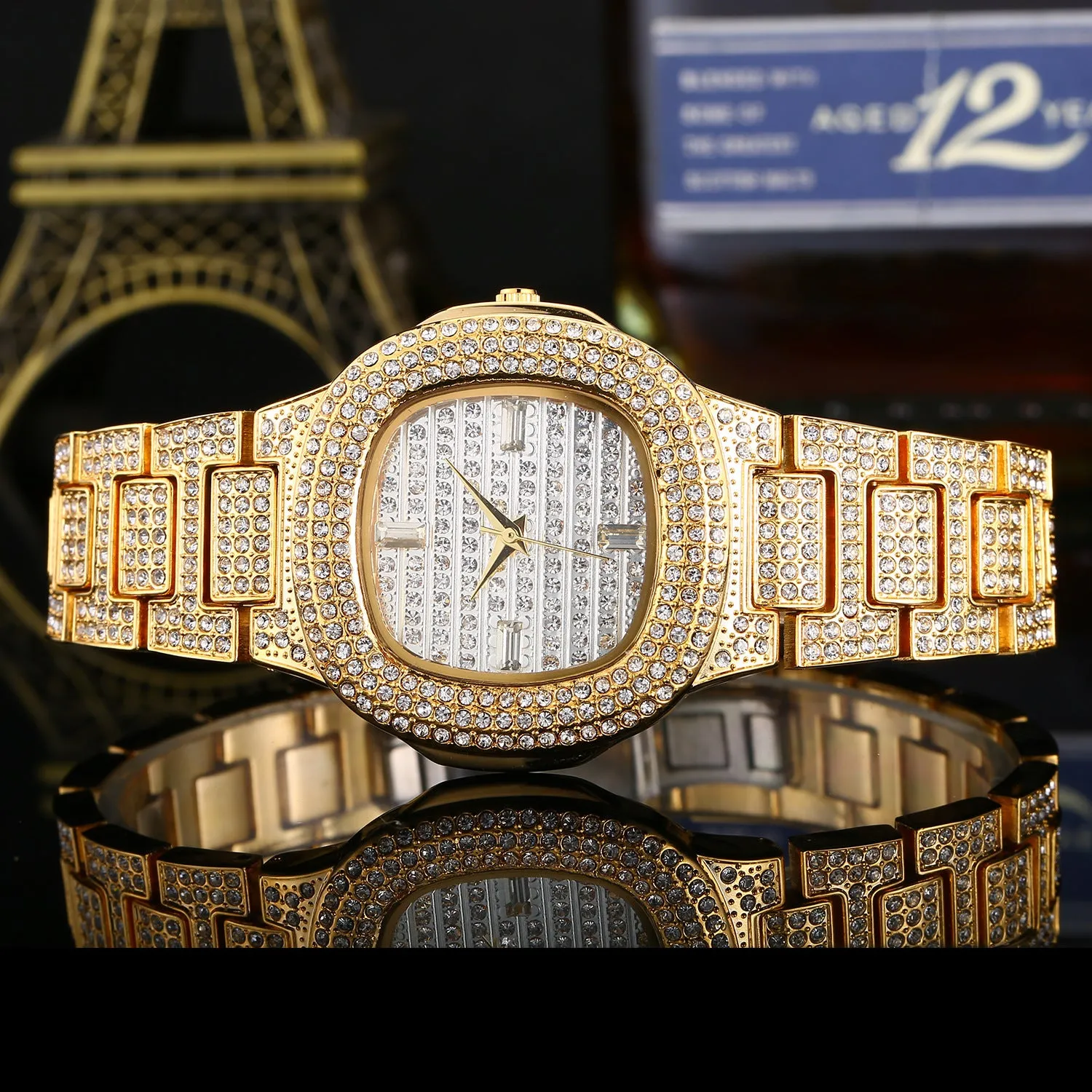 Fashion diamond watch with 37mm alloy strap dial and butterfly clasp on wrist