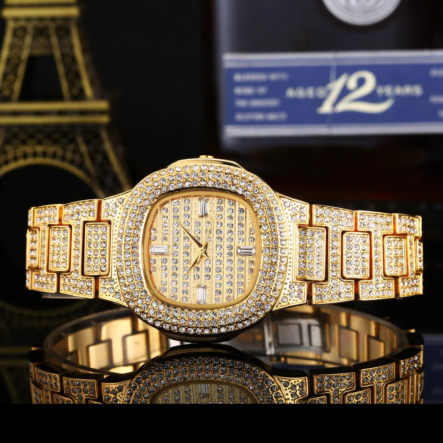 Fashion diamond watch with 37mm alloy strap dial and butterfly clasp on wrist