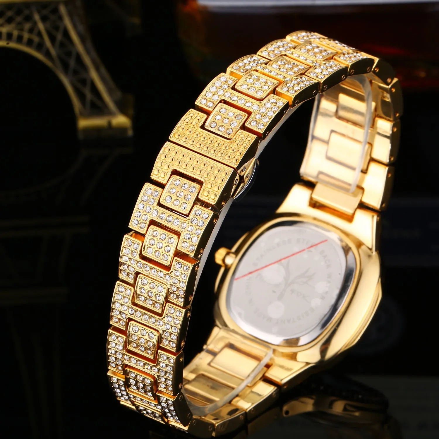 Fashion diamond watch with 37mm alloy strap dial and butterfly clasp on wrist
