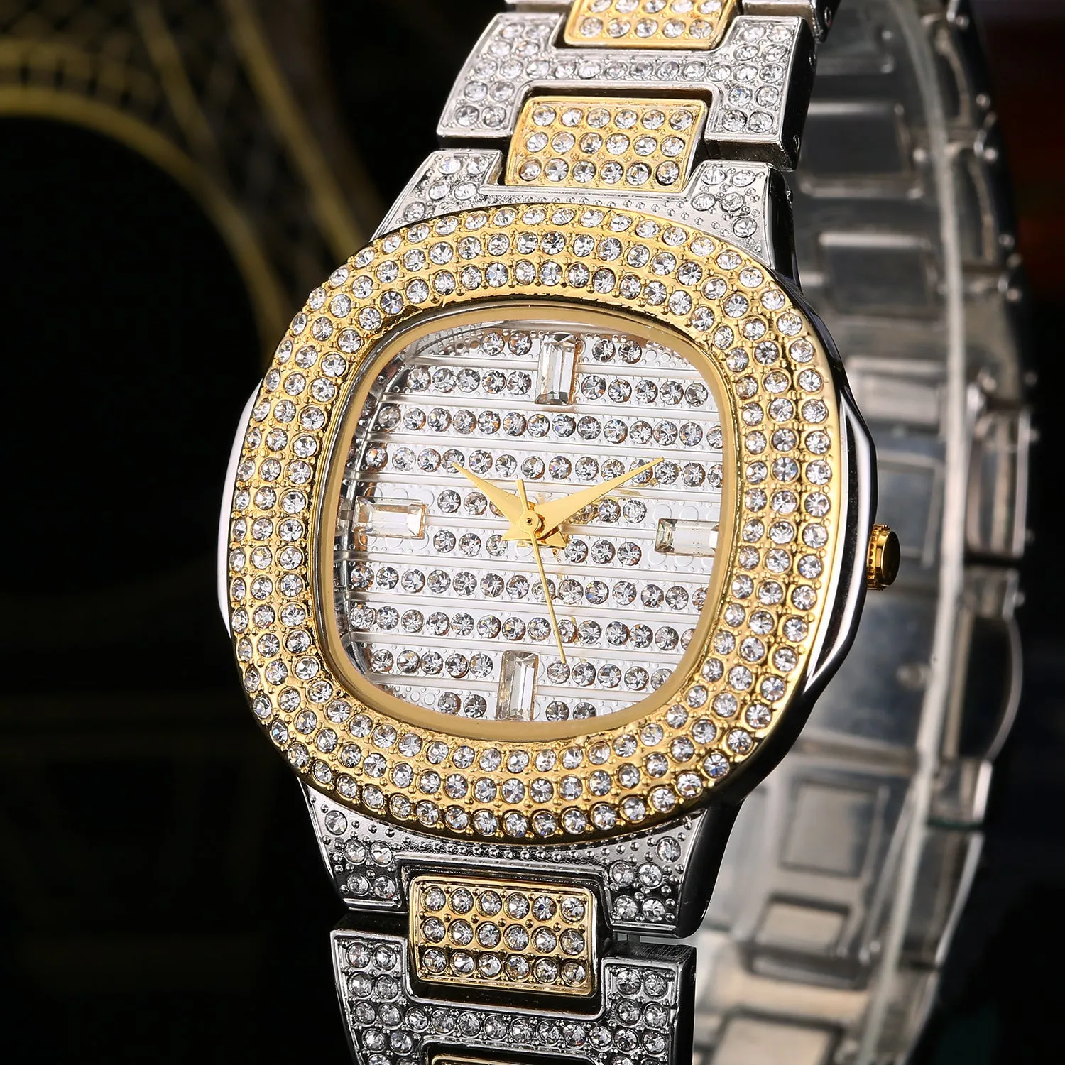 Fashion diamond watch with 37mm alloy strap dial and butterfly clasp on wrist