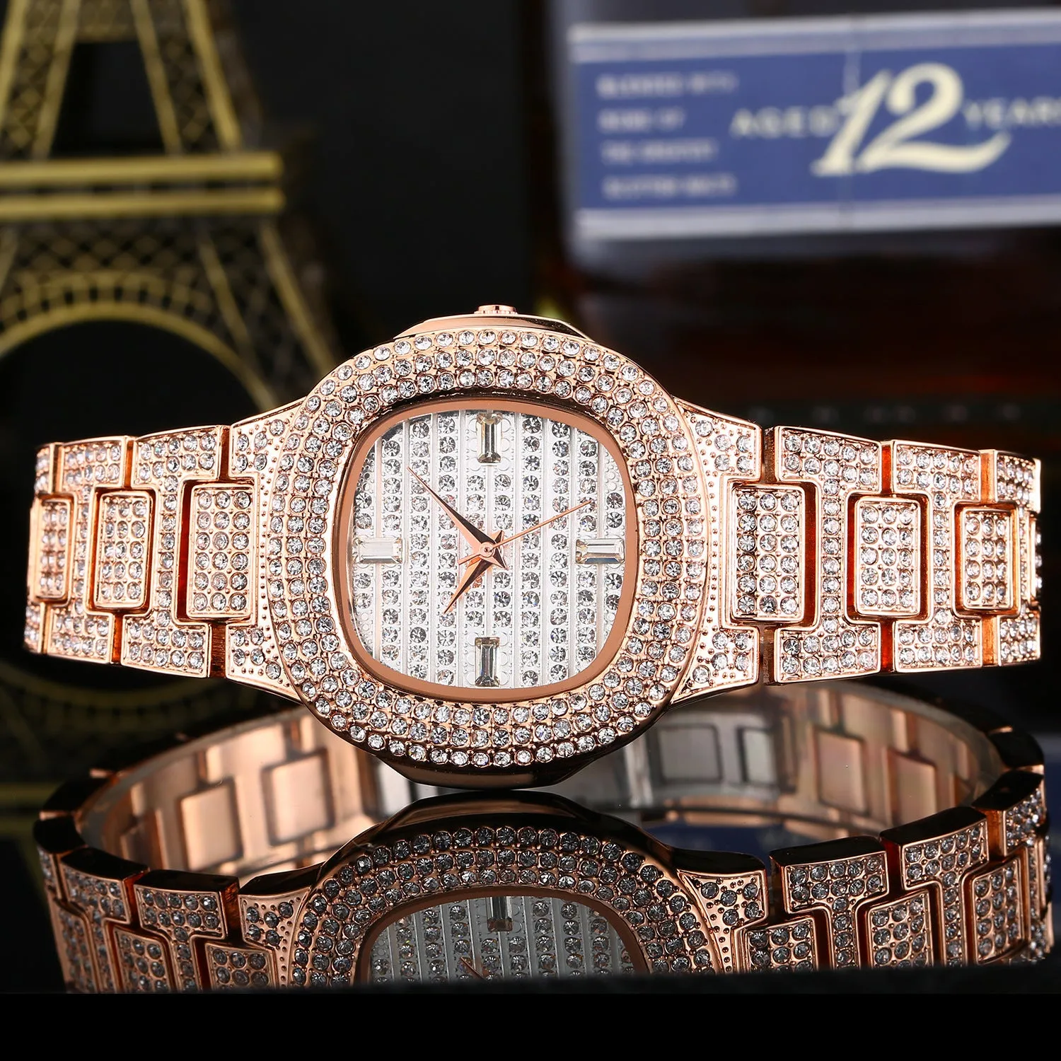 Fashion diamond watch with 37mm alloy strap dial and butterfly clasp on wrist