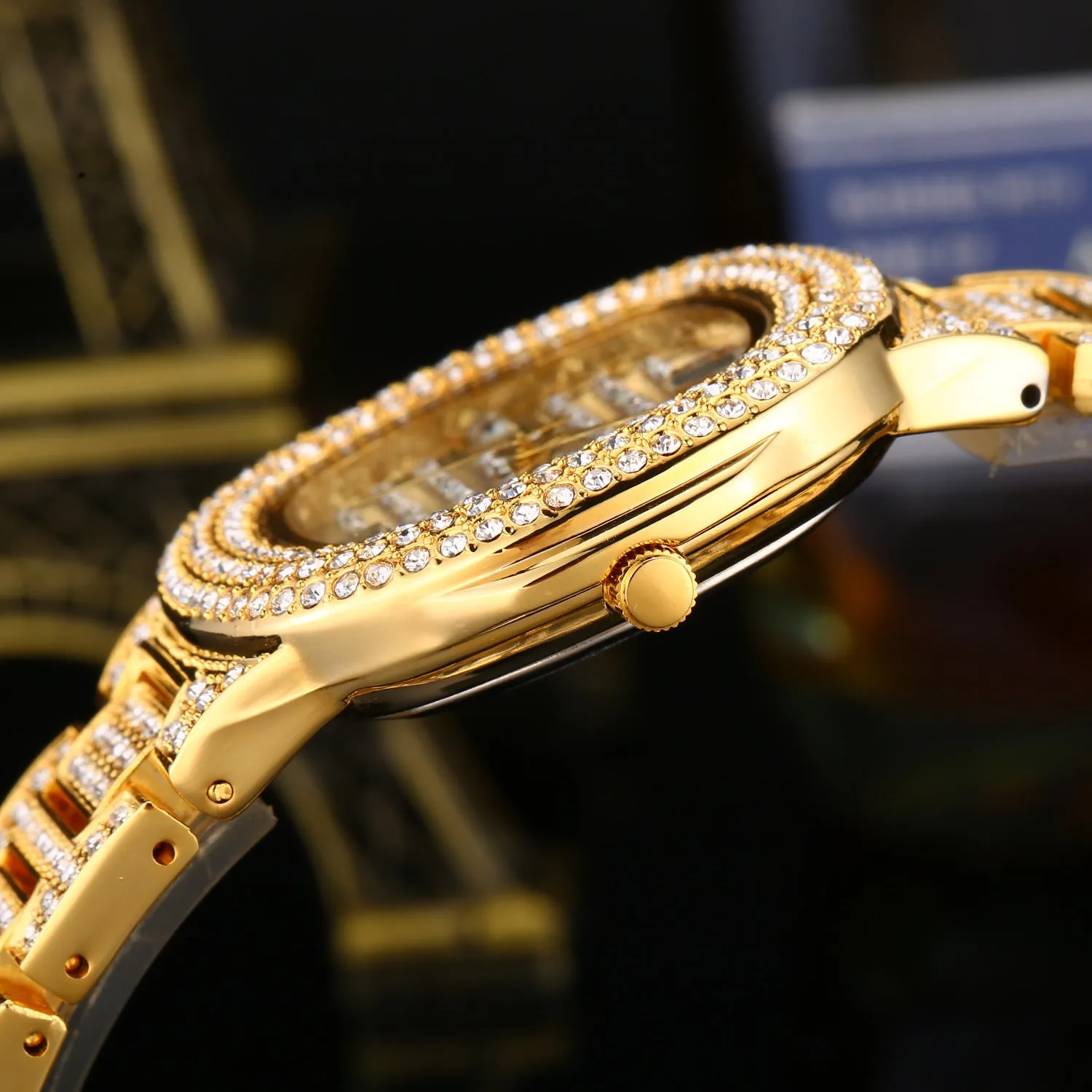 Fashion diamond watch with 37mm alloy strap dial and butterfly clasp on wrist