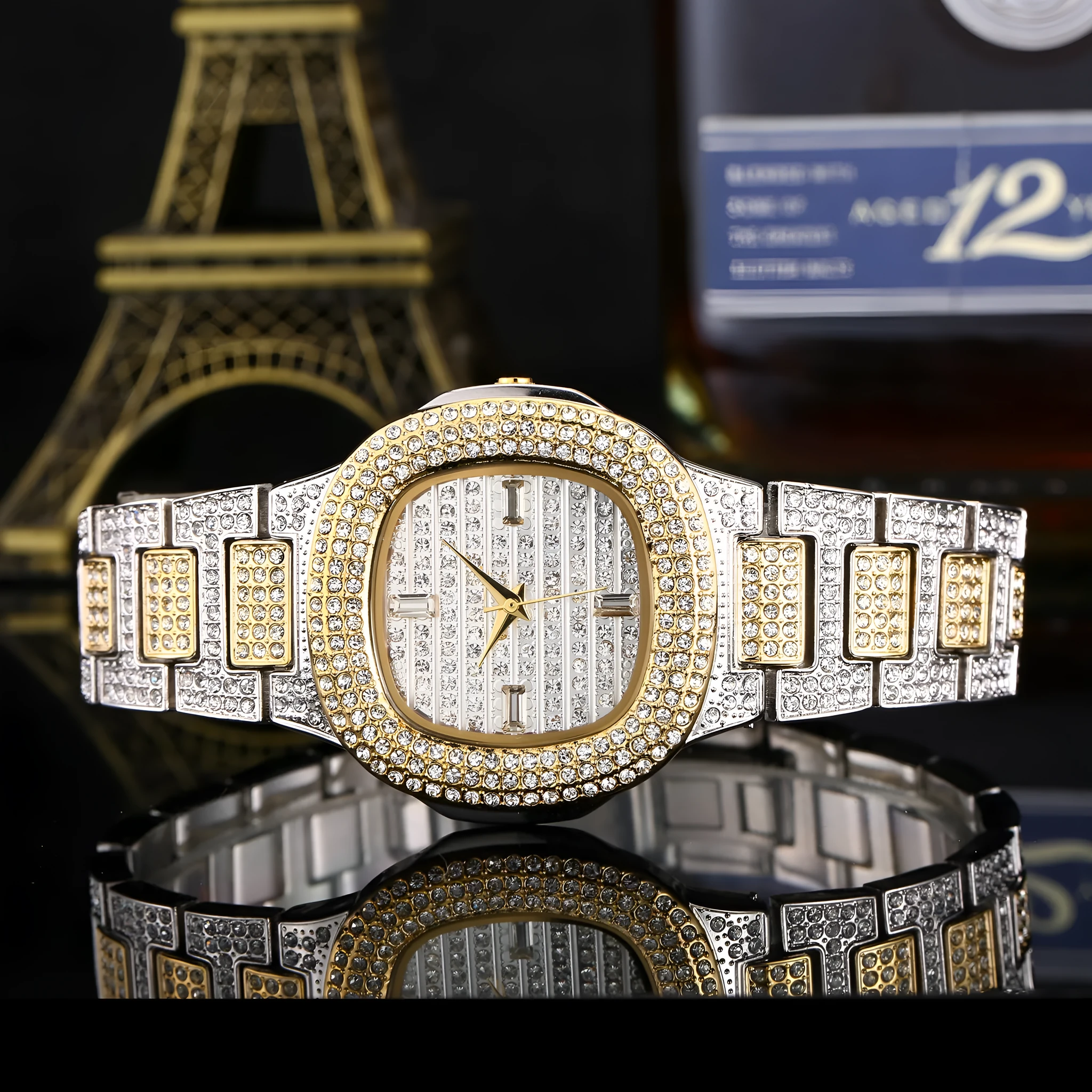 Fashion diamond watch with 37mm alloy strap dial and butterfly clasp on wrist