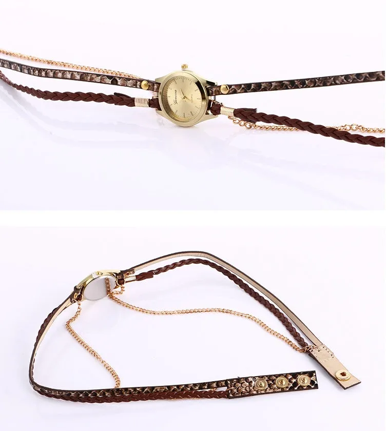 Ladies wrap watch with leopard weave bracelet and round alloy case on white background