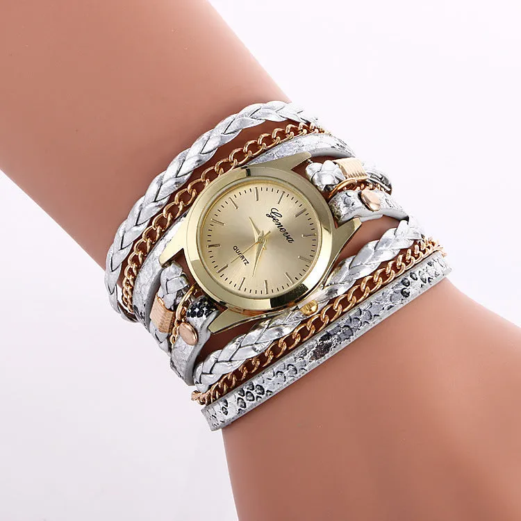 Ladies wrap watch with leopard weave bracelet and round alloy case on white background