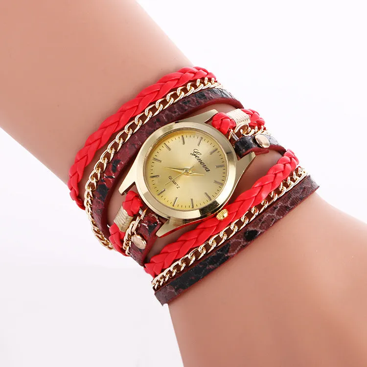 Ladies wrap watch with leopard weave bracelet and round alloy case on white background