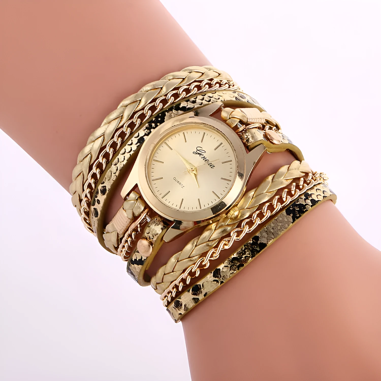 Ladies wrap watch with leopard weave bracelet and round alloy case on white background