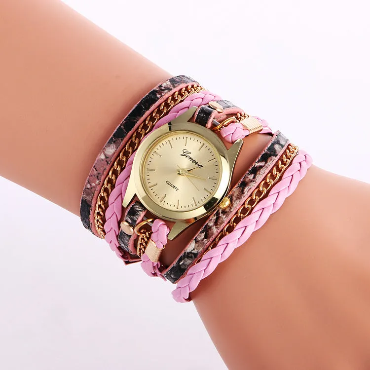 Ladies wrap watch with leopard weave bracelet and round alloy case on white background