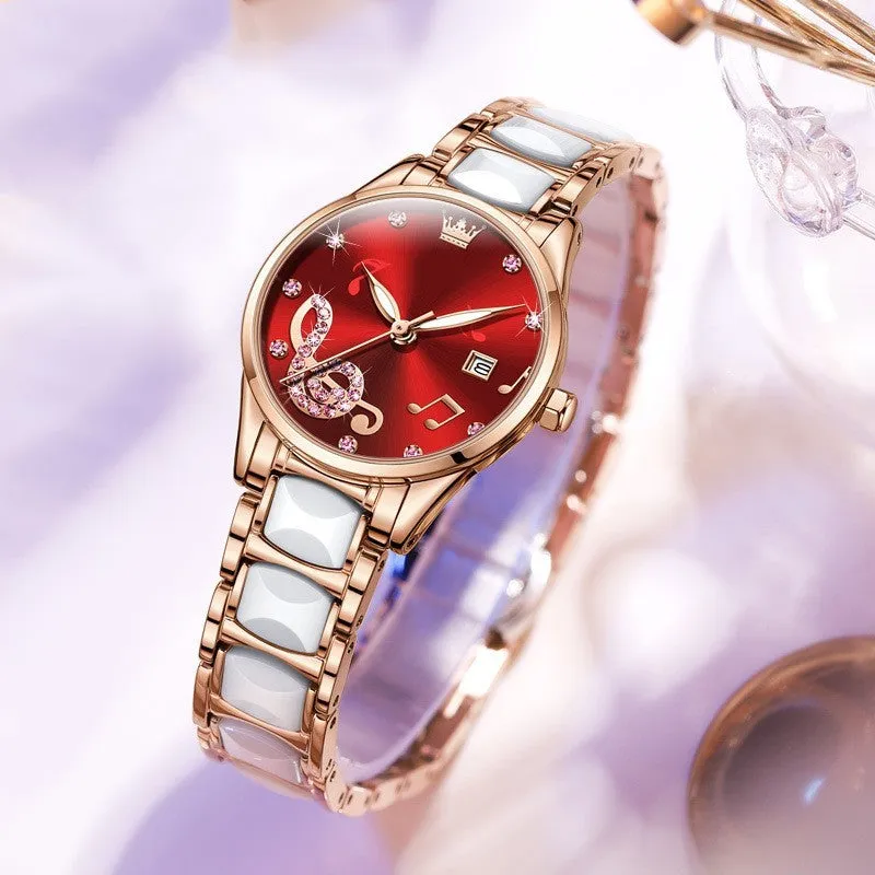Fashion diamond inlaid women's quartz watch with steel ceramic strap, 28mm diameter, green colour