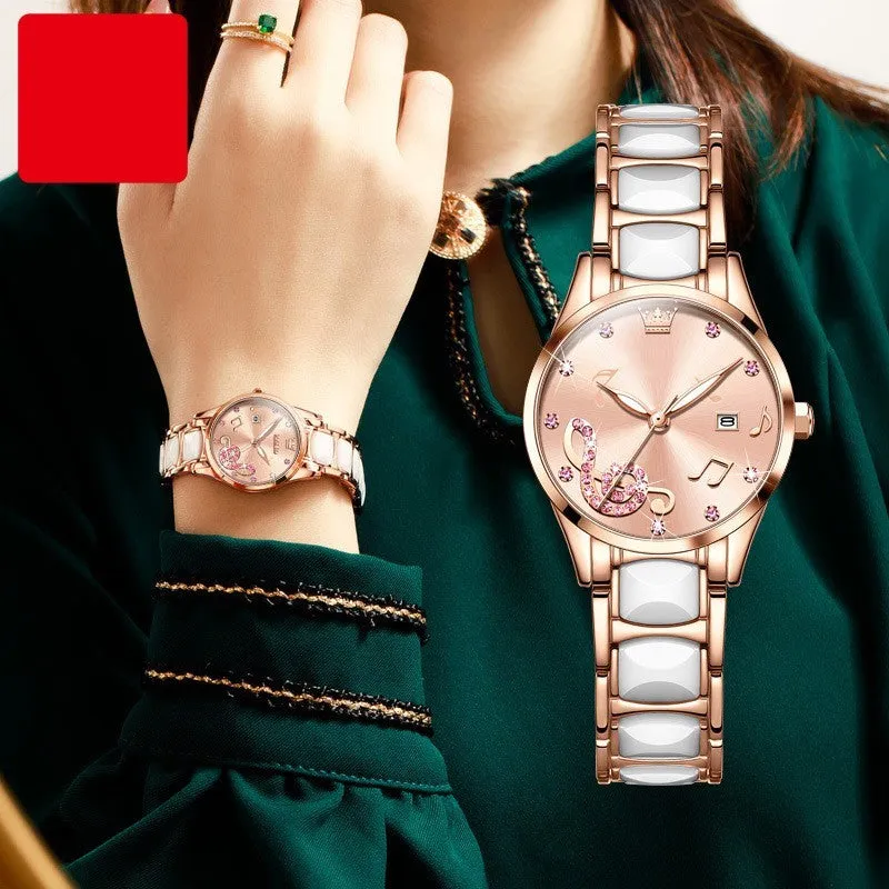 Fashion diamond inlaid women's quartz watch with steel ceramic strap, 28mm diameter, green colour