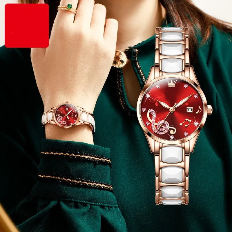Fashion diamond inlaid women's quartz watch with steel ceramic strap, 28mm diameter, green colour