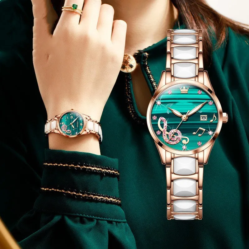 Fashion diamond inlaid women's quartz watch with steel ceramic strap, 28mm diameter, green colour