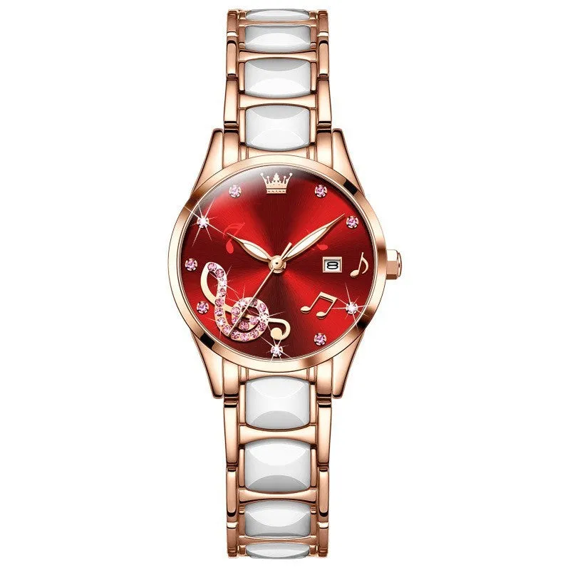 Fashion diamond inlaid women's quartz watch with steel ceramic strap, 28mm diameter, green colour