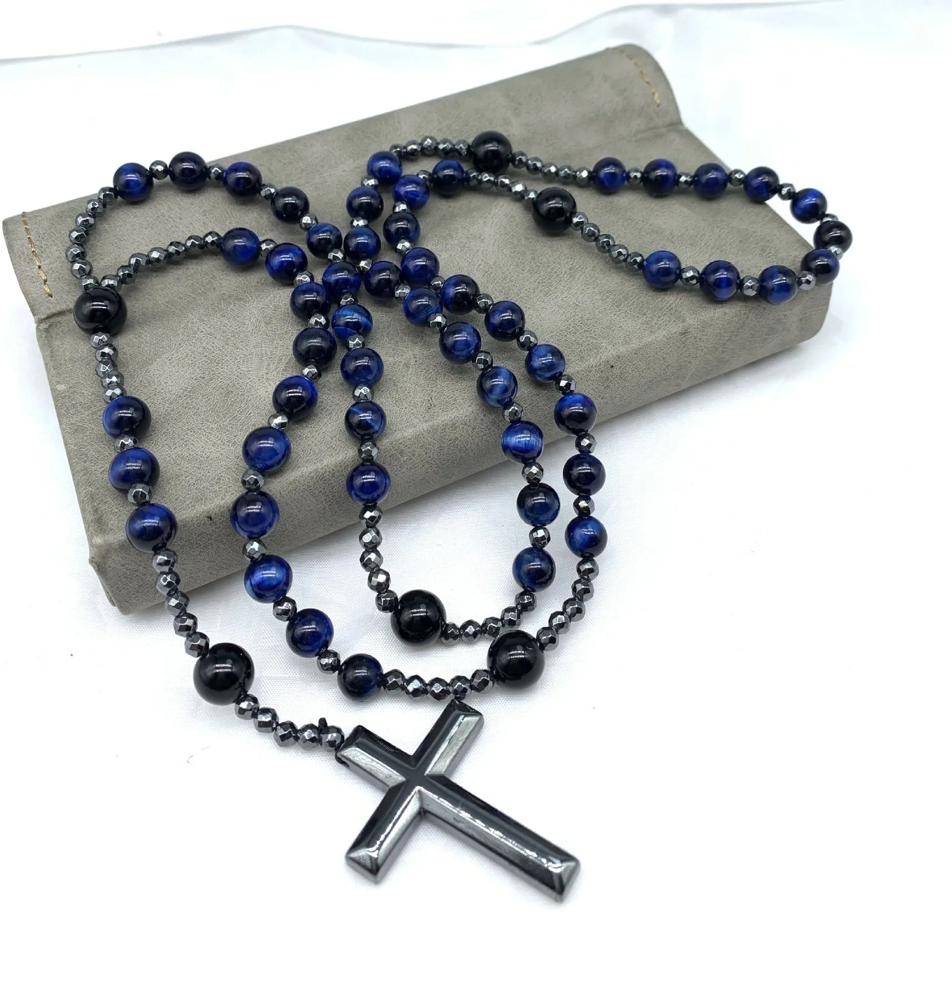Stone cross pendant necklace with geometric design on 80cm bead chain
