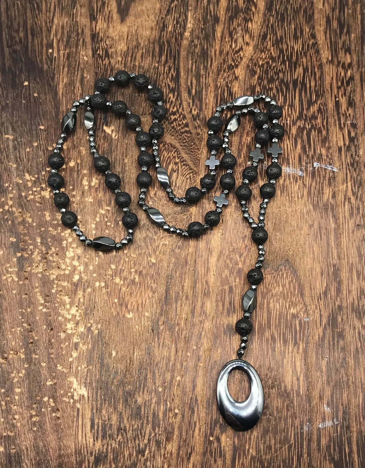 Stone cross pendant necklace with geometric design on 80cm bead chain