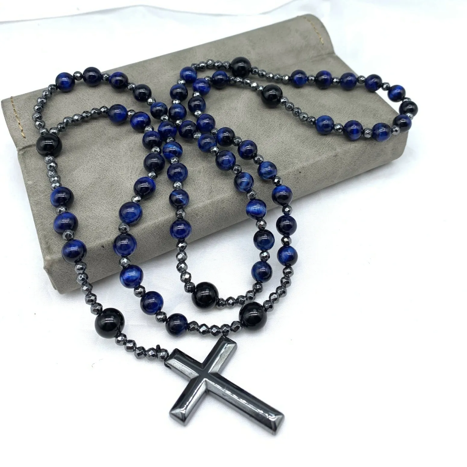 Stone cross pendant necklace with geometric design on 80cm bead chain